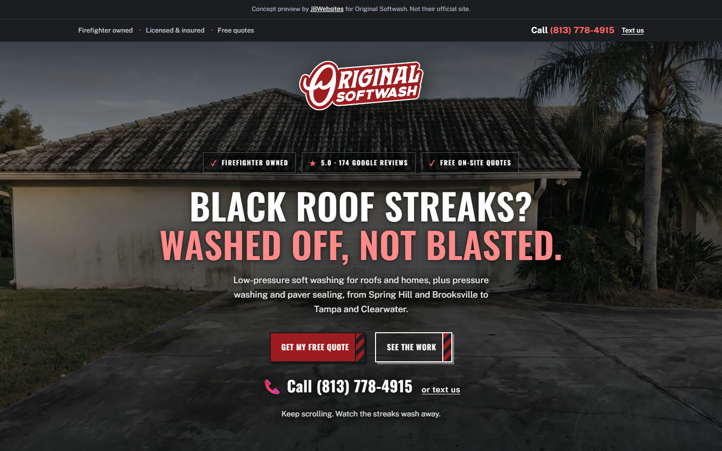 Homepage of the Original Softwash concept: a Florida garage with a black-streaked tile roof and stained driveway under the headline Black roof streaks? Washed off, not blasted.