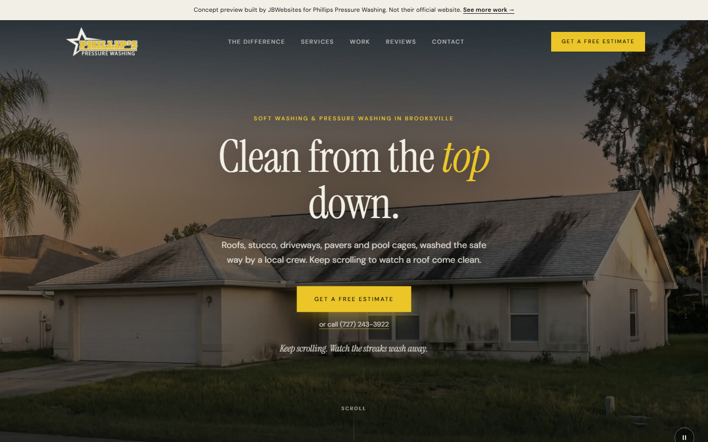 Homepage of the Phillips Pressure Washing concept: a Florida stucco home with black algae streaks on the roof at dusk, under the headline Clean from the top down
