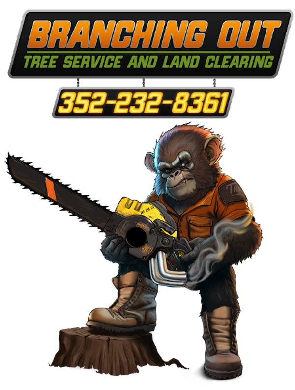 Branching Out mascot: a gorilla with a chainsaw standing on a stump under the company sign