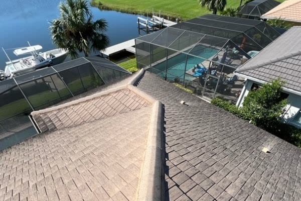 Lakefront tile roof before soft washing