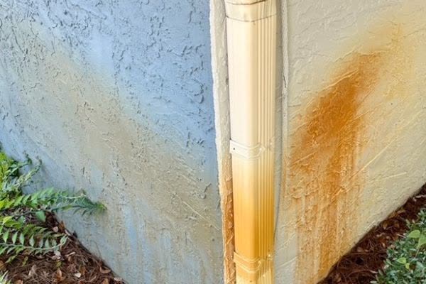 Stucco wall with rust-colored staining