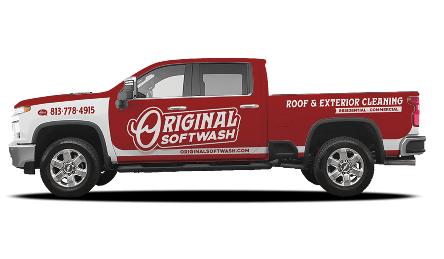 The red Original Softwash truck: Roof & Exterior Cleaning, residential and commercial